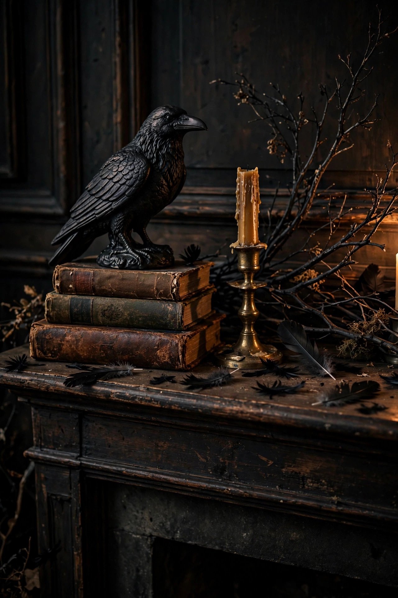 Raven and Crow Perch Scene - halloween mantel decor ideas