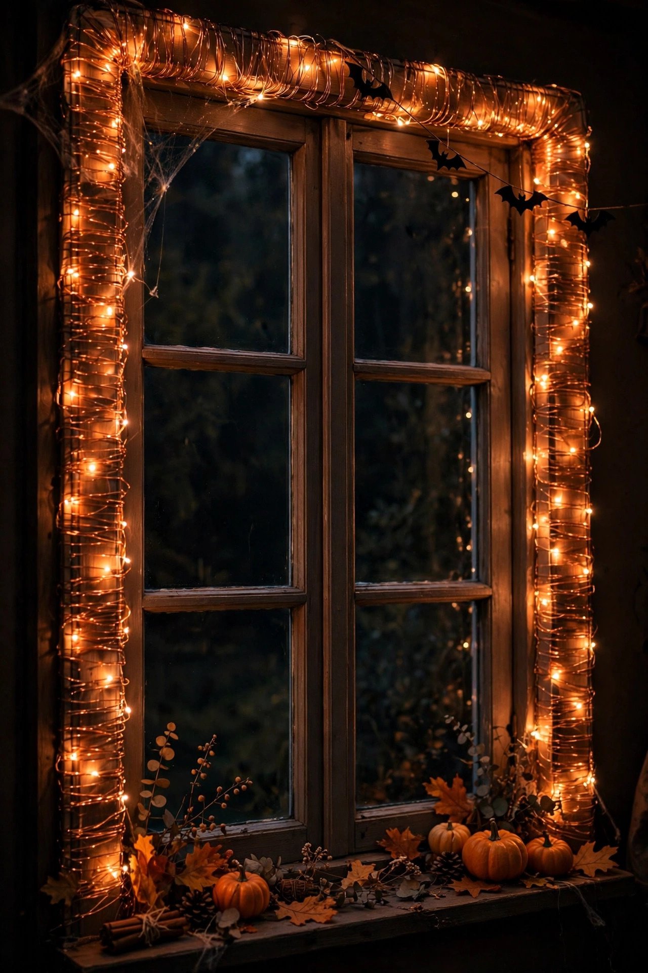 How Do You Frame a Window With Orange String Lights? - halloween window decor ideas