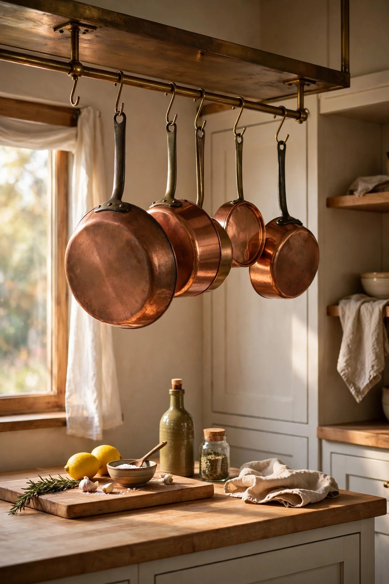 A Hanging Pot Rail and Copper Pans Within Easy Reach - kitchen decor ideas