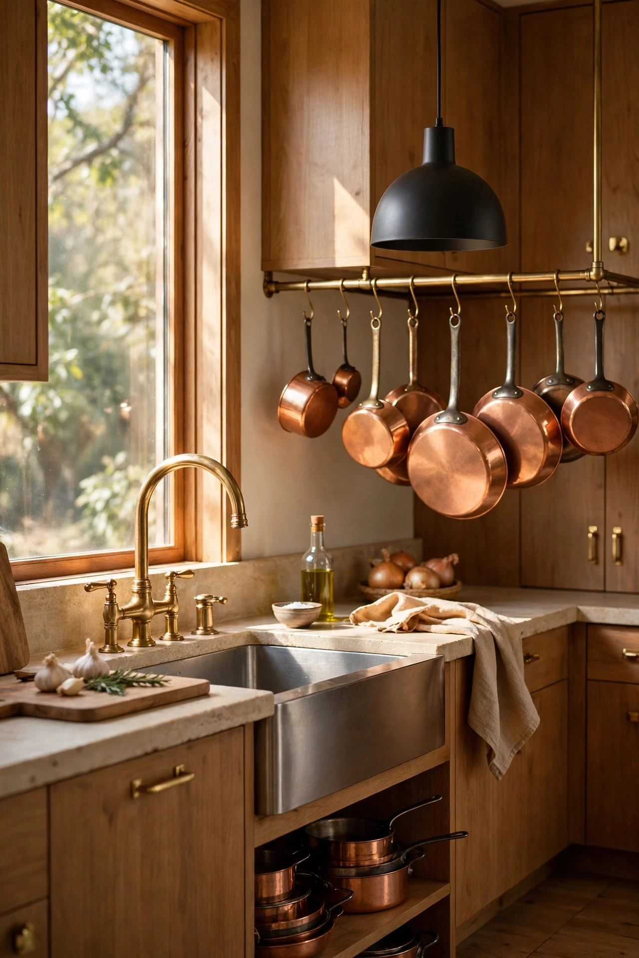 Warm Metals Layered With Restraint: Brass, Copper and Black - kitchen decor ideas