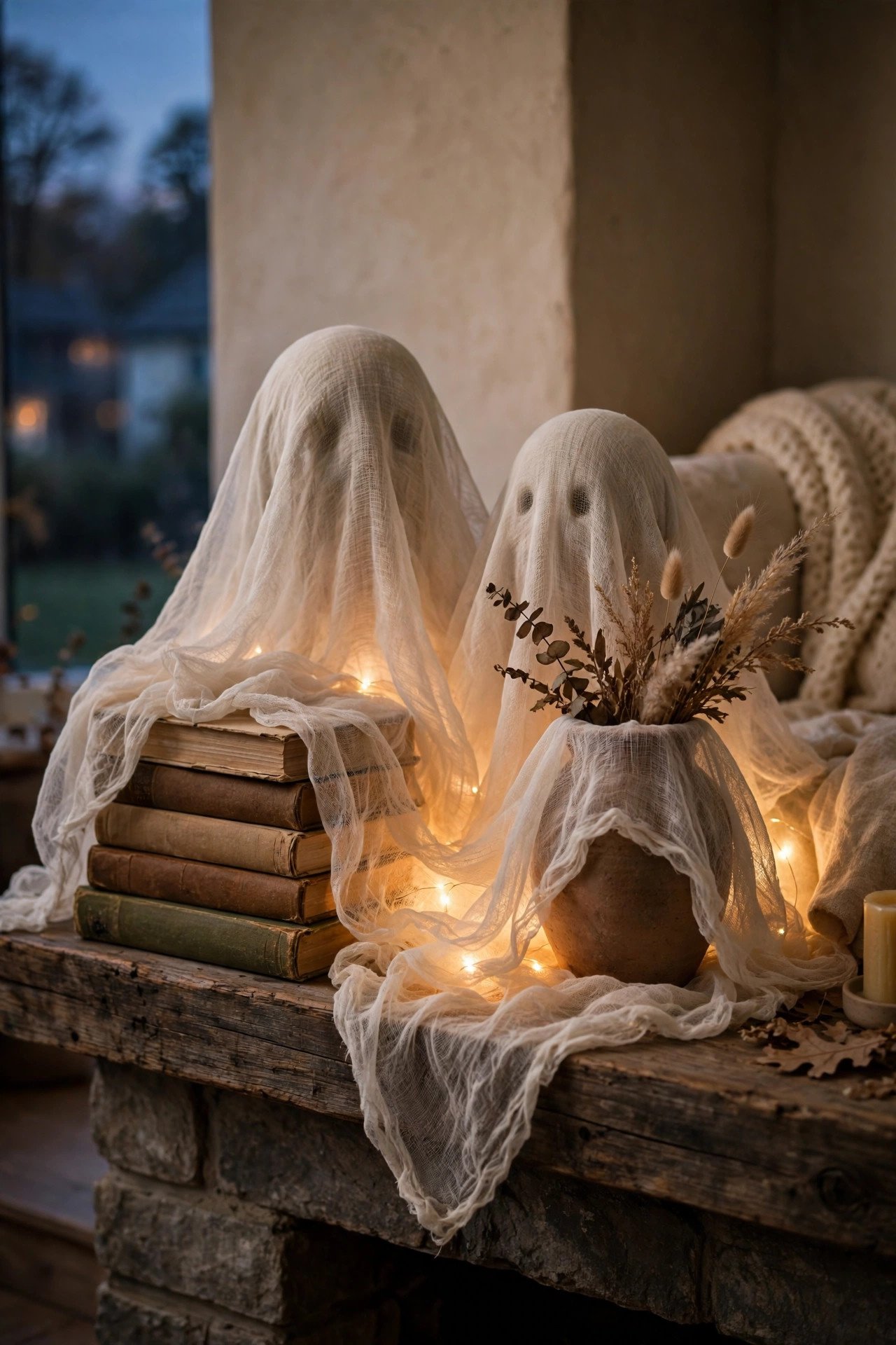 Cheesecloth Ghosts on the Mantel - last minute halloween decor ideas