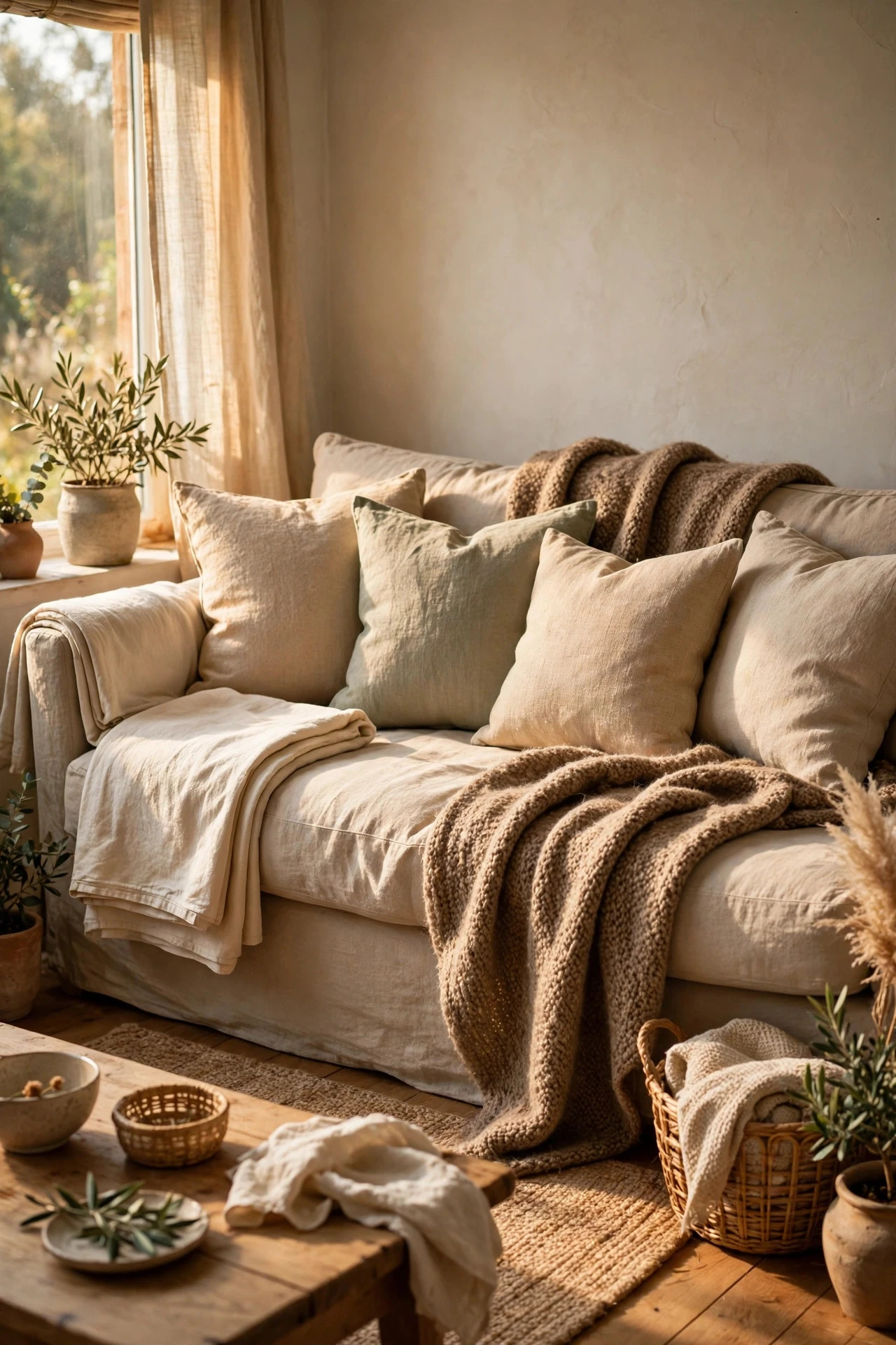 Layer Lived-In Textiles: Linen, Wool and a Throw That Gets Used - living room inspo ideas
