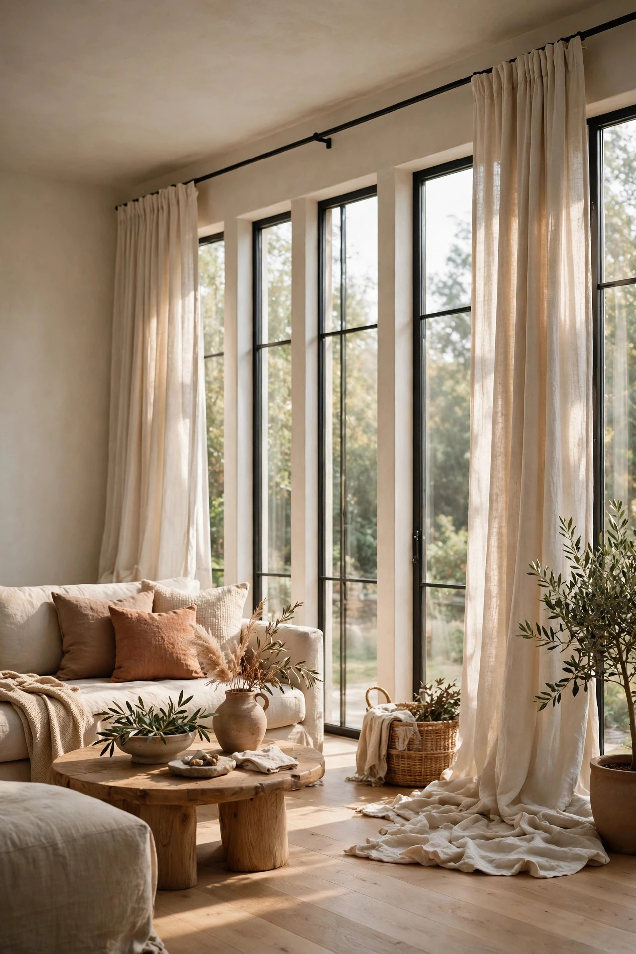 Hang Linen Curtains High, Wide and Pooling Just at the Floor - living room inspo ideas