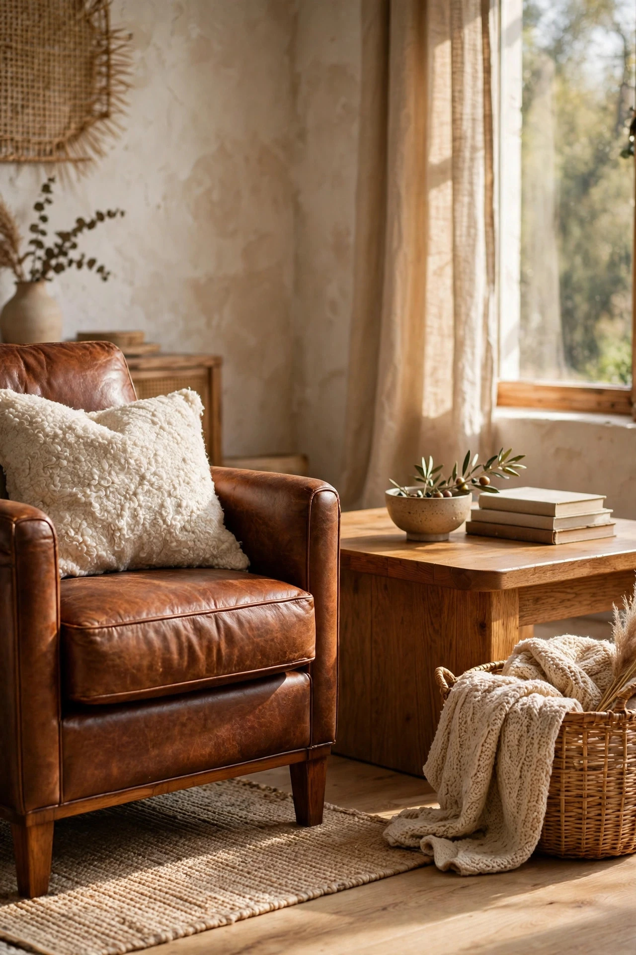 Mix Leather, Boucle, Wood and Rattan for Touchable Texture - living room inspo ideas