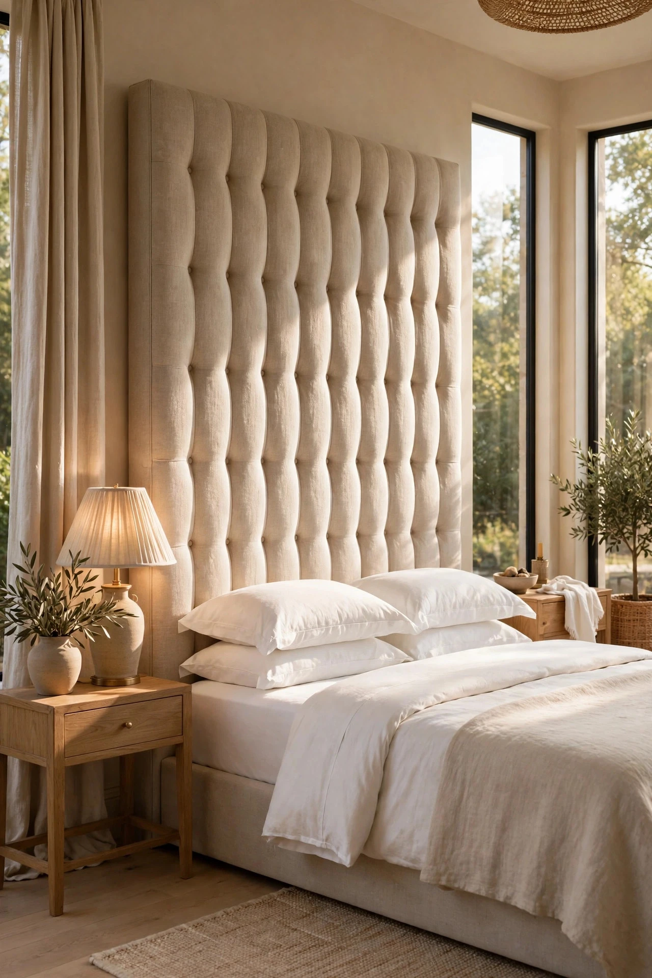 A Tall Upholstered Headboard as the Anchor - luxury bedroom decor ideas