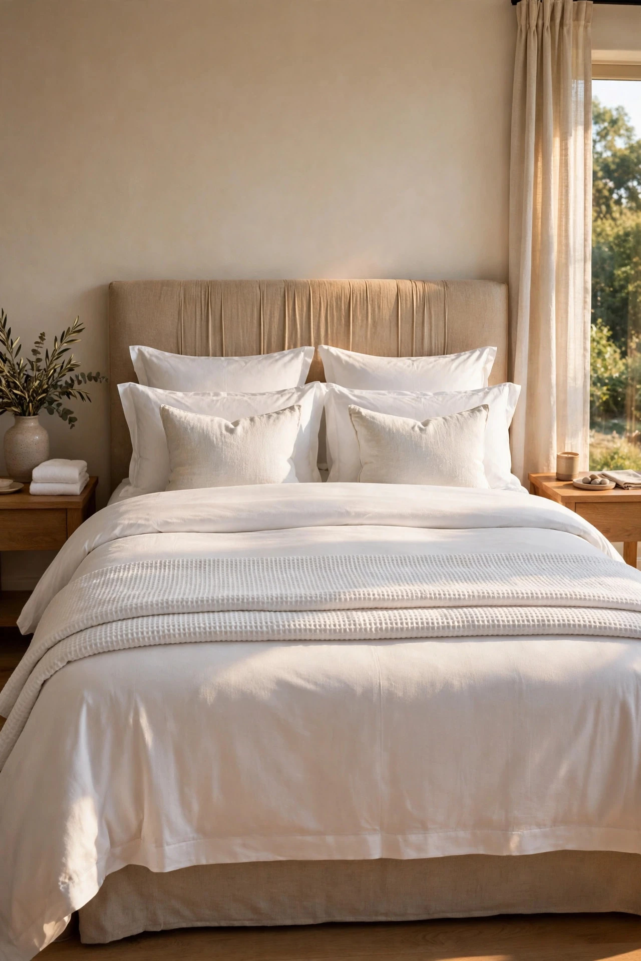 Hotel-White Bedding, Layered Properly - luxury bedroom decor ideas