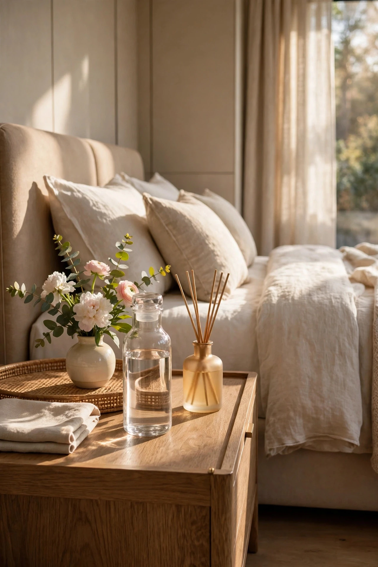 Scent, Fresh Flowers and a Bedside Carafe - luxury bedroom decor ideas