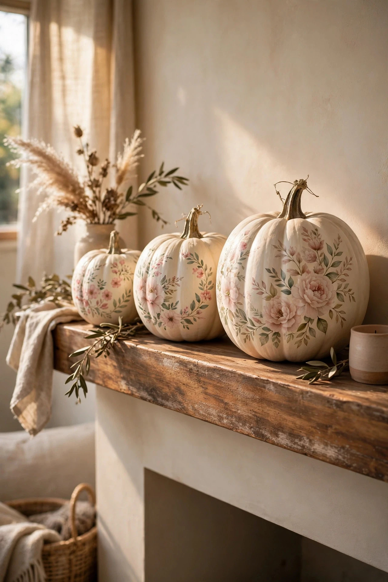 Hand-Painted Florals on a Cream Base - painting pumpkins ideas diy