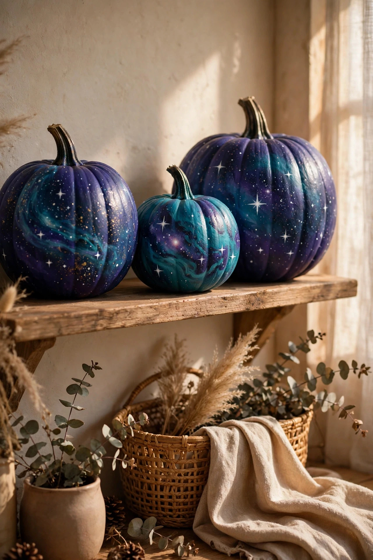 Galaxy Pumpkins With Stars and Nebula Swirls - painting pumpkins ideas diy