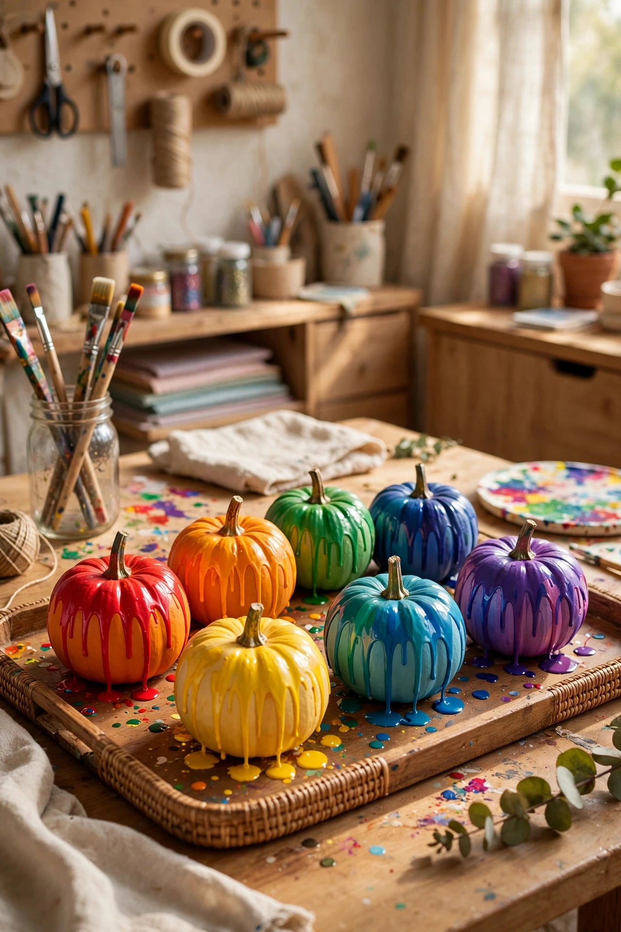 Drip Paint Pumpkins in Rainbow Colours - painting pumpkins ideas diy
