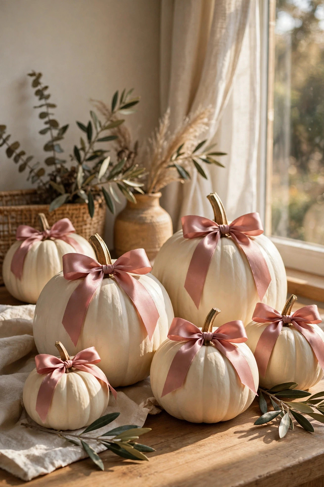 Bow-Adorned Pumpkins in Satin Ribbon - painting pumpkins ideas diy girly