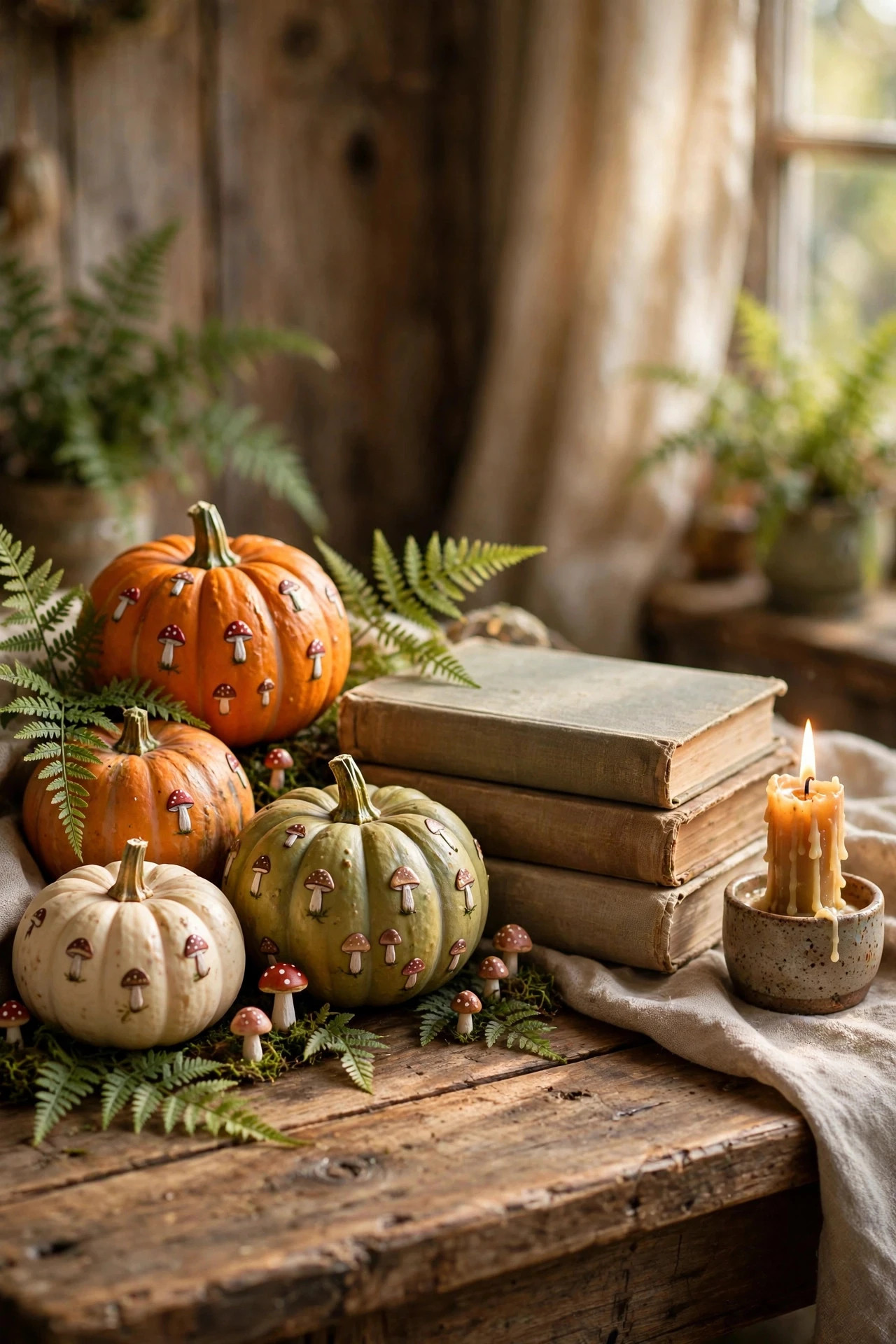 Cottagecore Pumpkins With Tiny Mushrooms and Ferns - painting pumpkins ideas diy girly