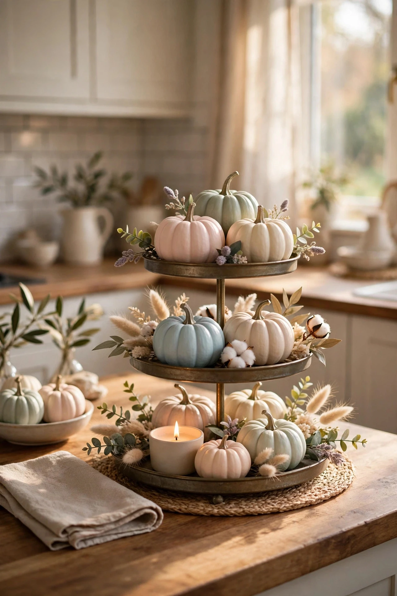 Pastel Pumpkins on a Tiered Tray - painting pumpkins ideas diy girly