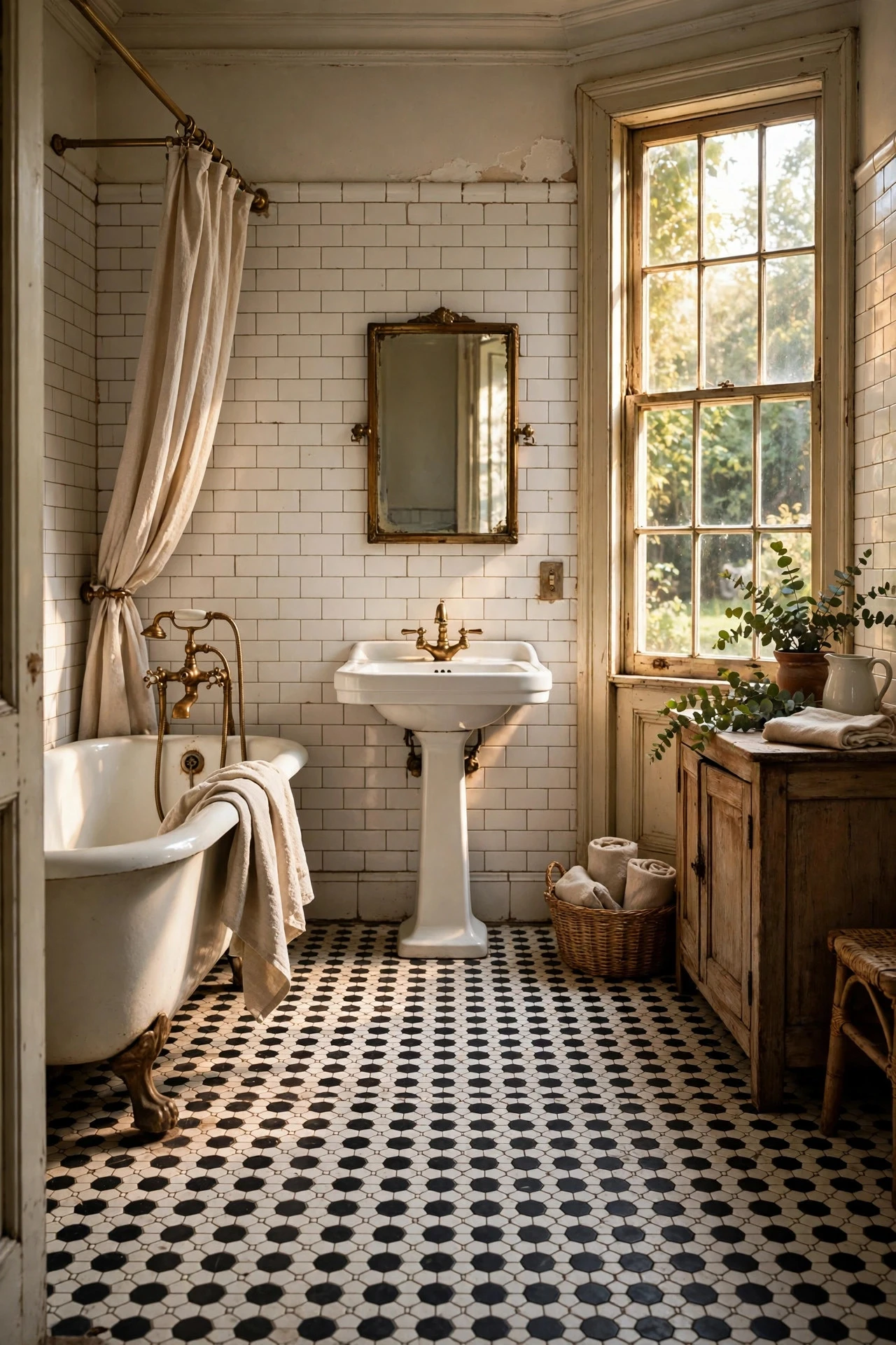 A Hexagon Mosaic Floor in Black, White, or Marble - retro bathroom decor ideas