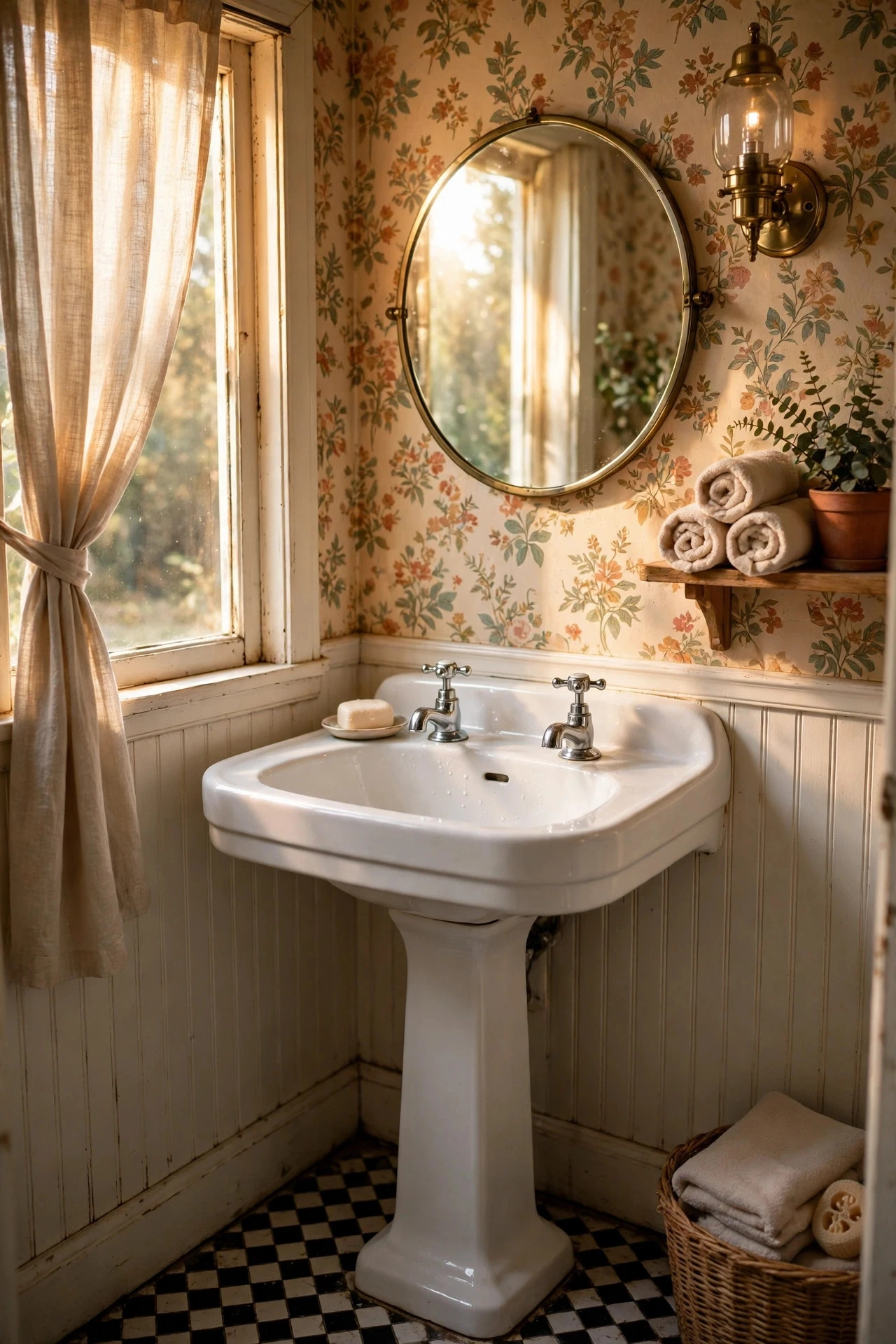 A White Pedestal Sink With Cross-Handle Chrome Faucets - retro bathroom decor ideas