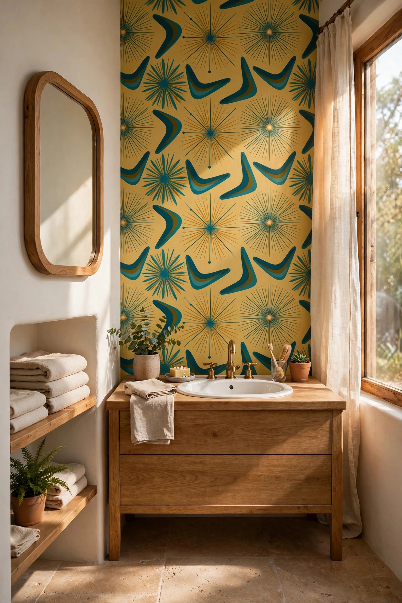 Atomic Starburst and Boomerang Pattern Wallpaper - retro bathroom decor ideas