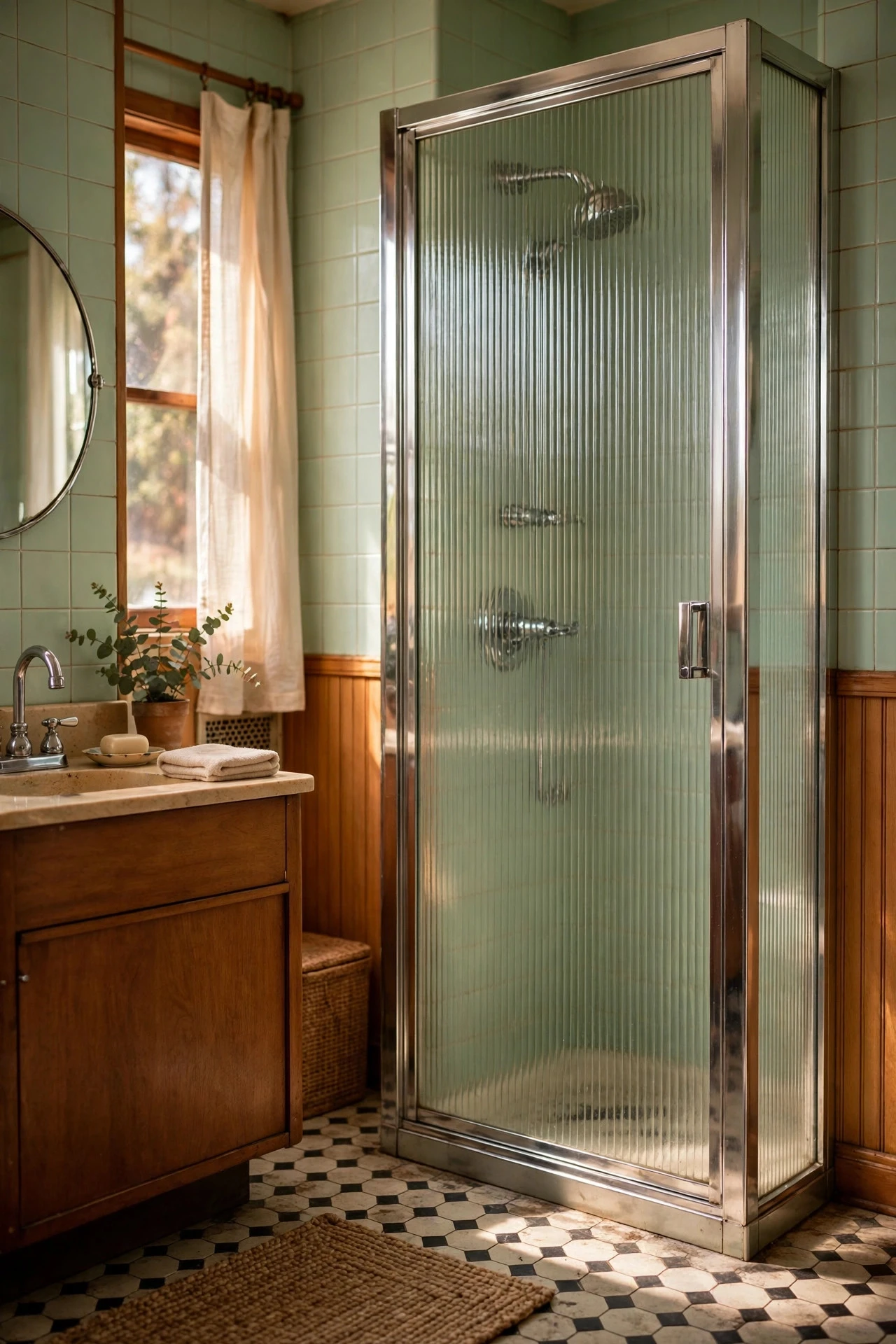 Fluted Glass, Reeded Panels, and a Privacy Screen - retro bathroom decor ideas