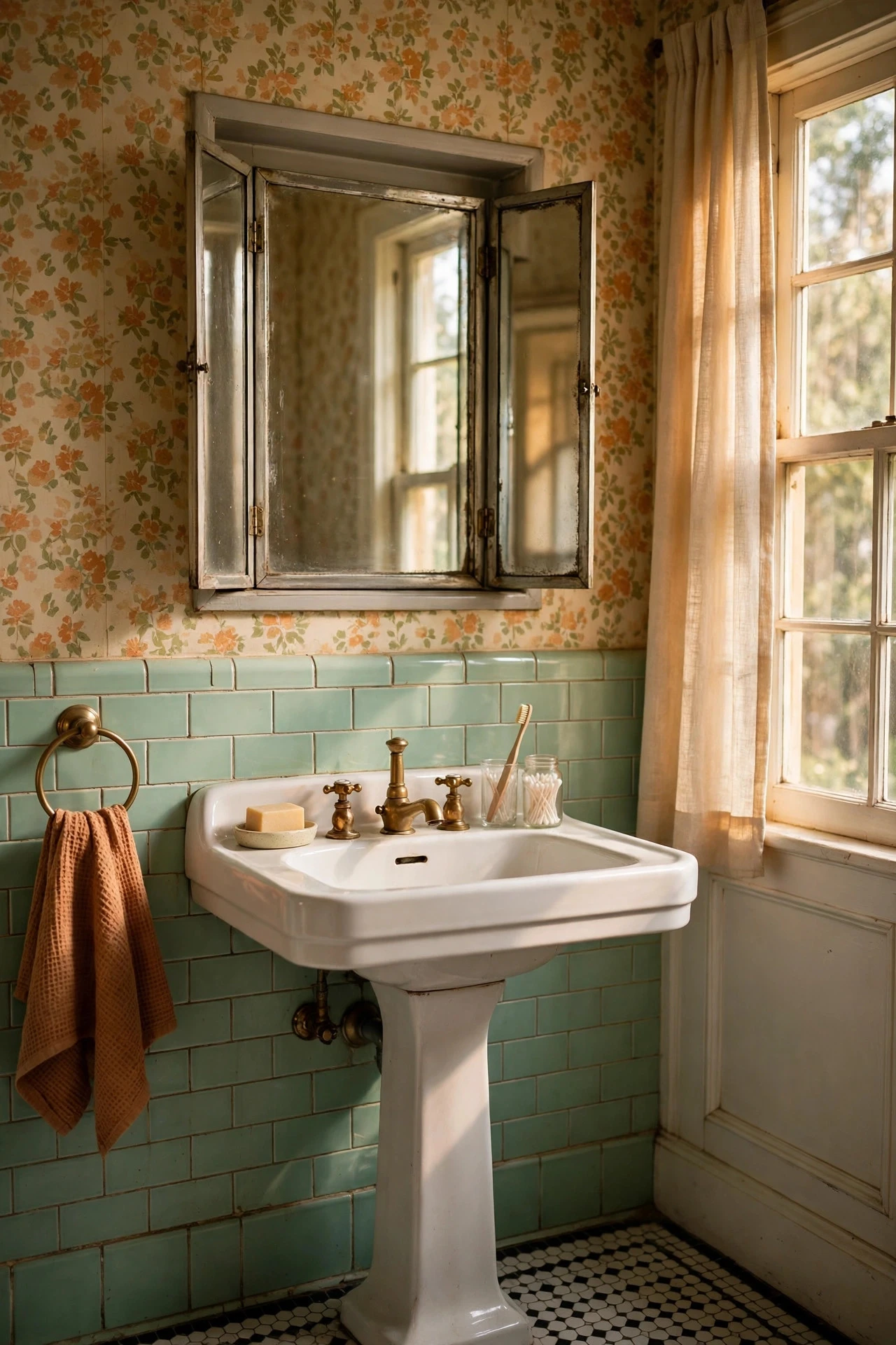 A Recessed Vintage Medicine Cabinet With Mirrored Doors - retro bathroom decor ideas