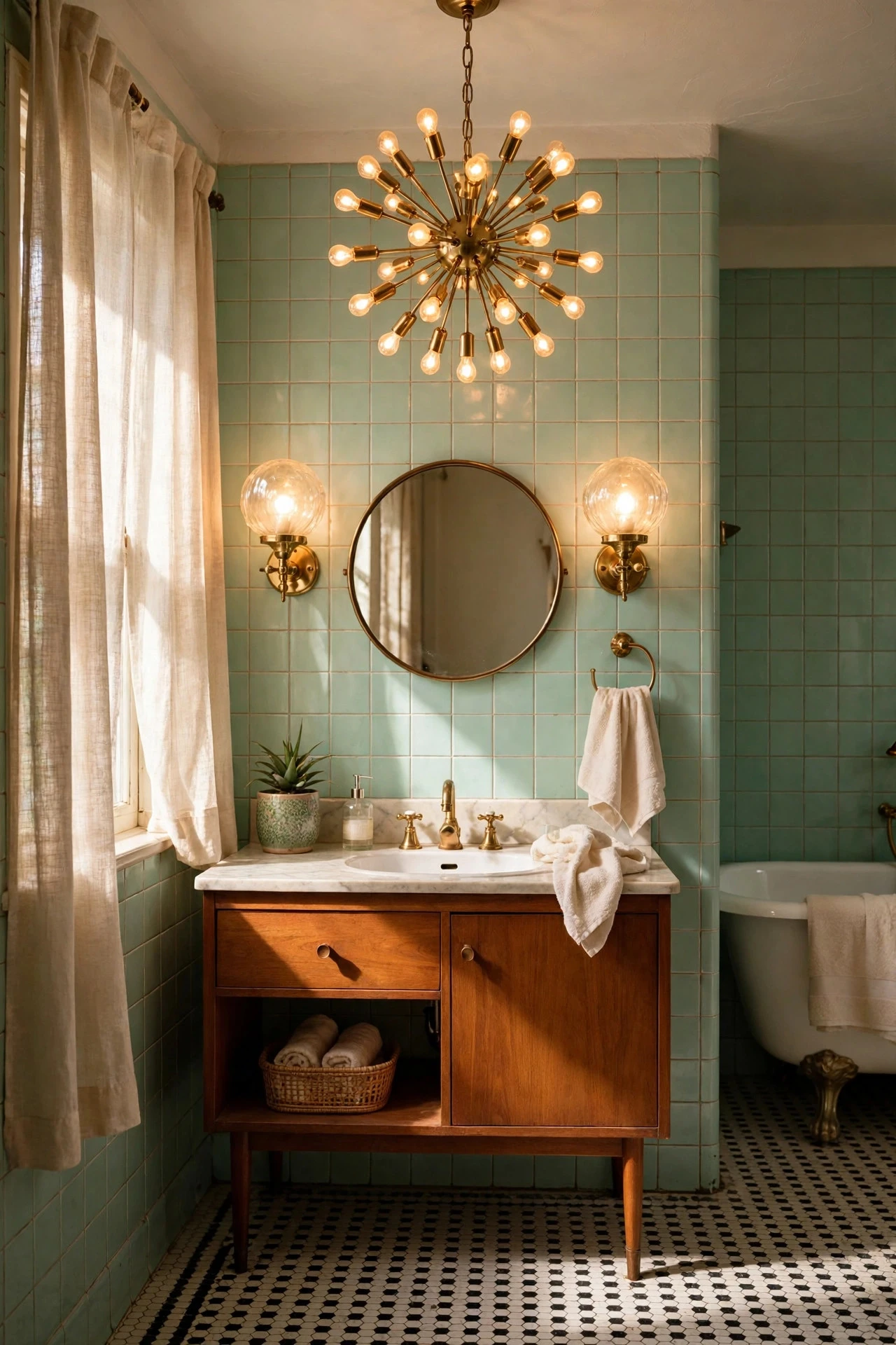 Globe Sconces, Sputnik Pendants, and Warm Retro Lighting - retro bathroom decor ideas