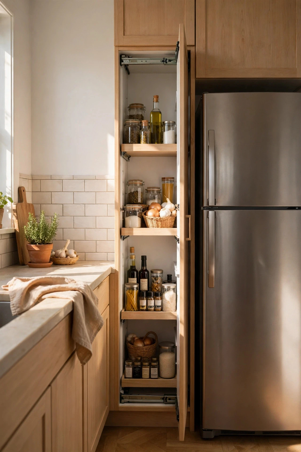 Pull-Out Pantry Beside the Fridge - small kitchen storage ideas