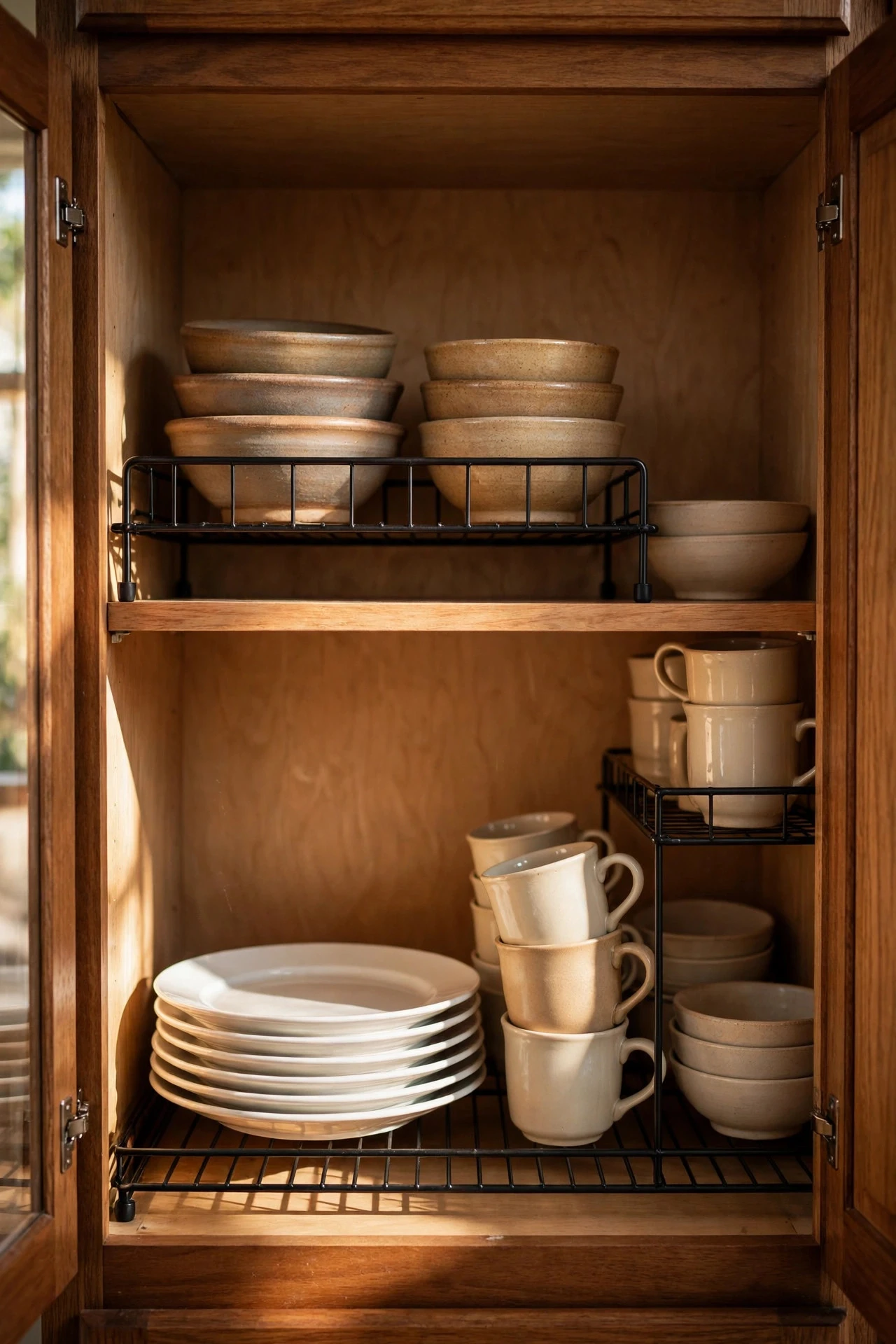 Shelf Risers to Double Cabinet Space - small kitchen storage ideas