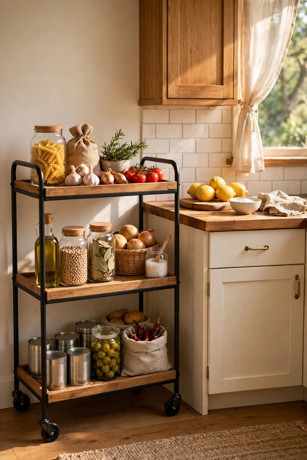 A Rolling Cart as a Movable Pantry - small kitchen storage ideas