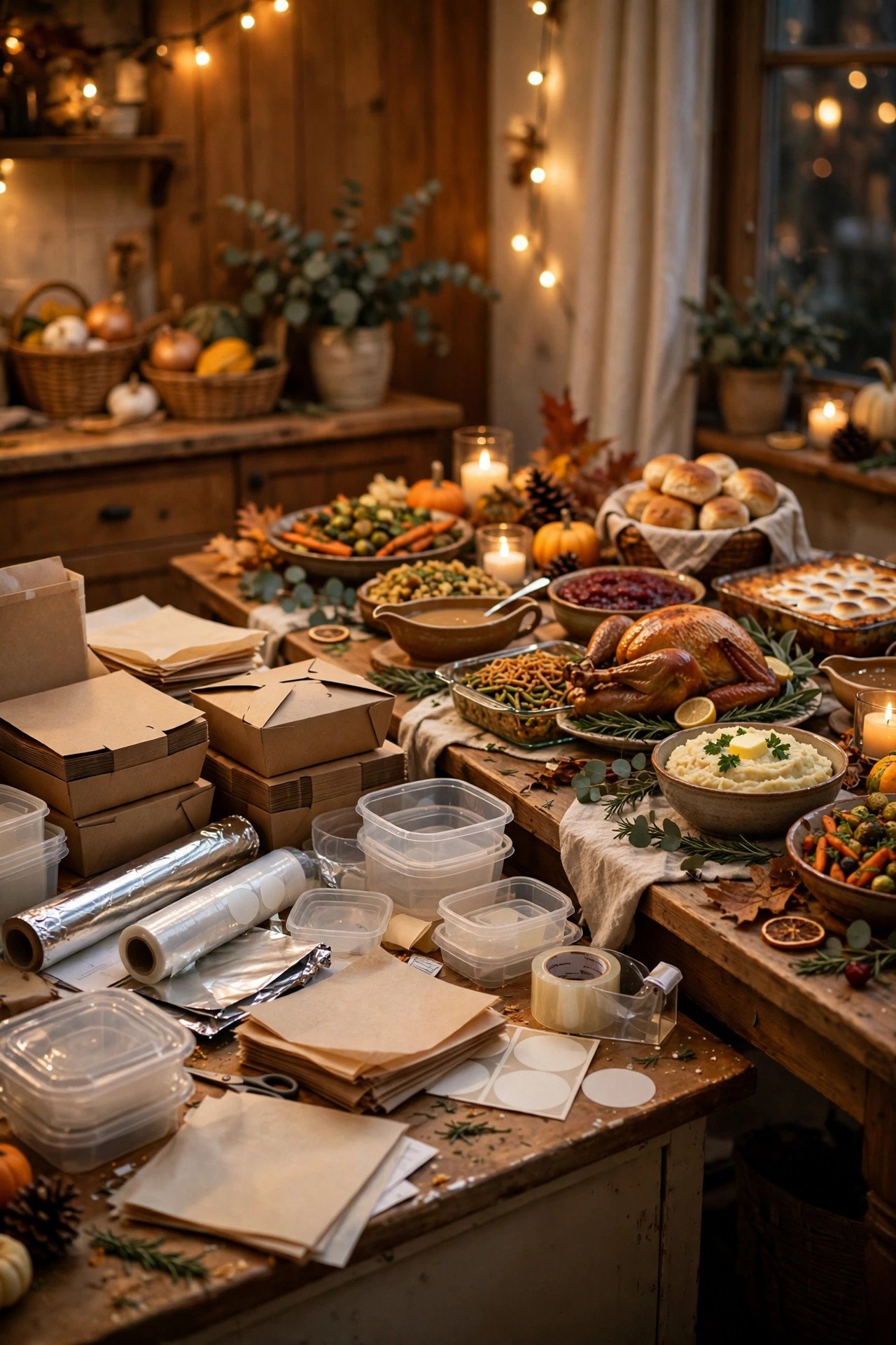 A Leftover Packing Station with Boxes and Labels - thanksgiving buffet table decor ideas