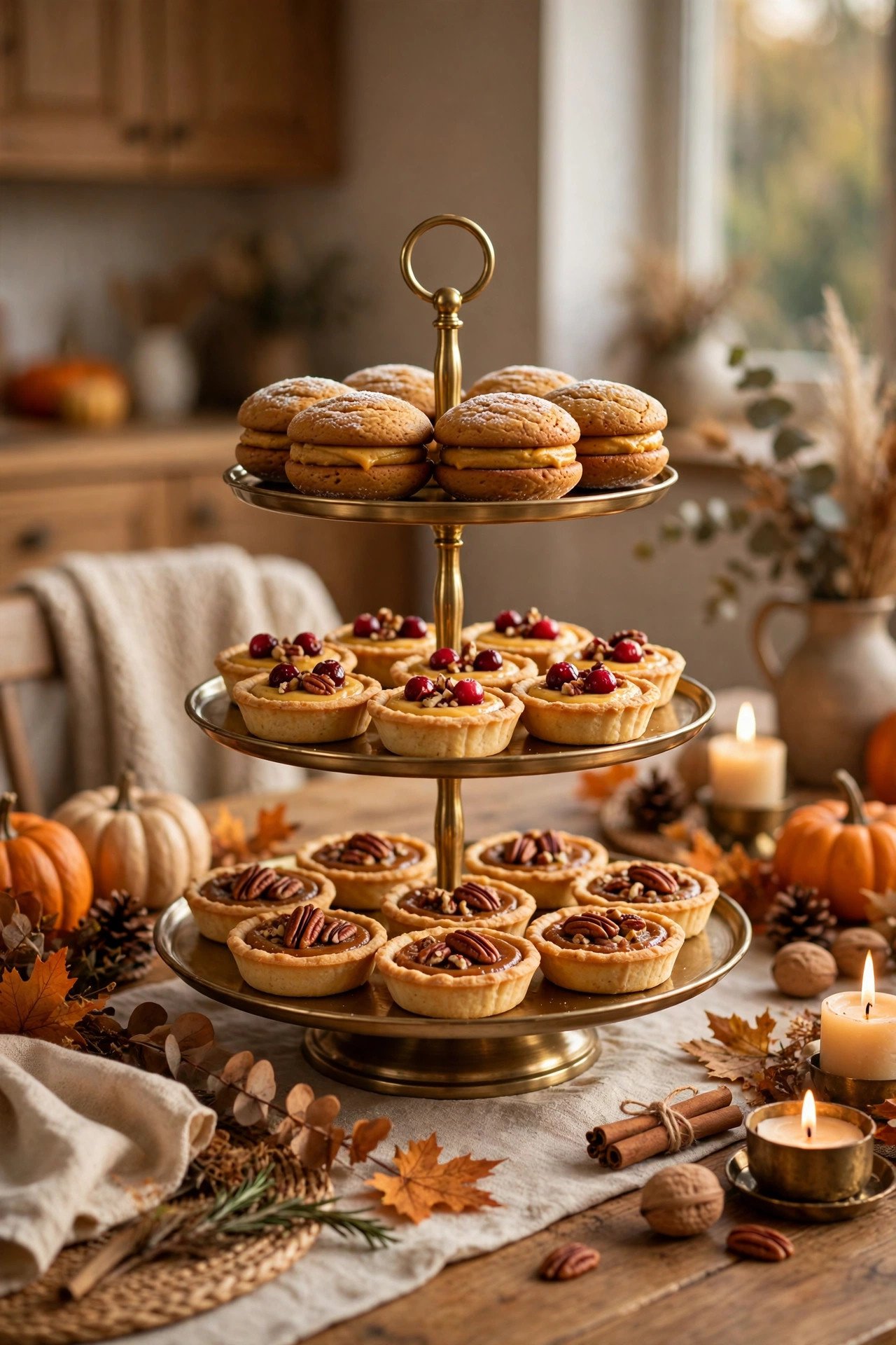 Anchor the Table With a Tiered Cake Stand - thanksgiving dessert table decor ideas