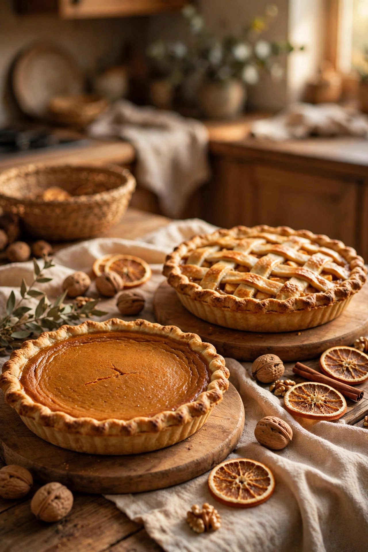 Let Pies Take Center Stage on Low Wooden Boards - thanksgiving dessert table decor ideas