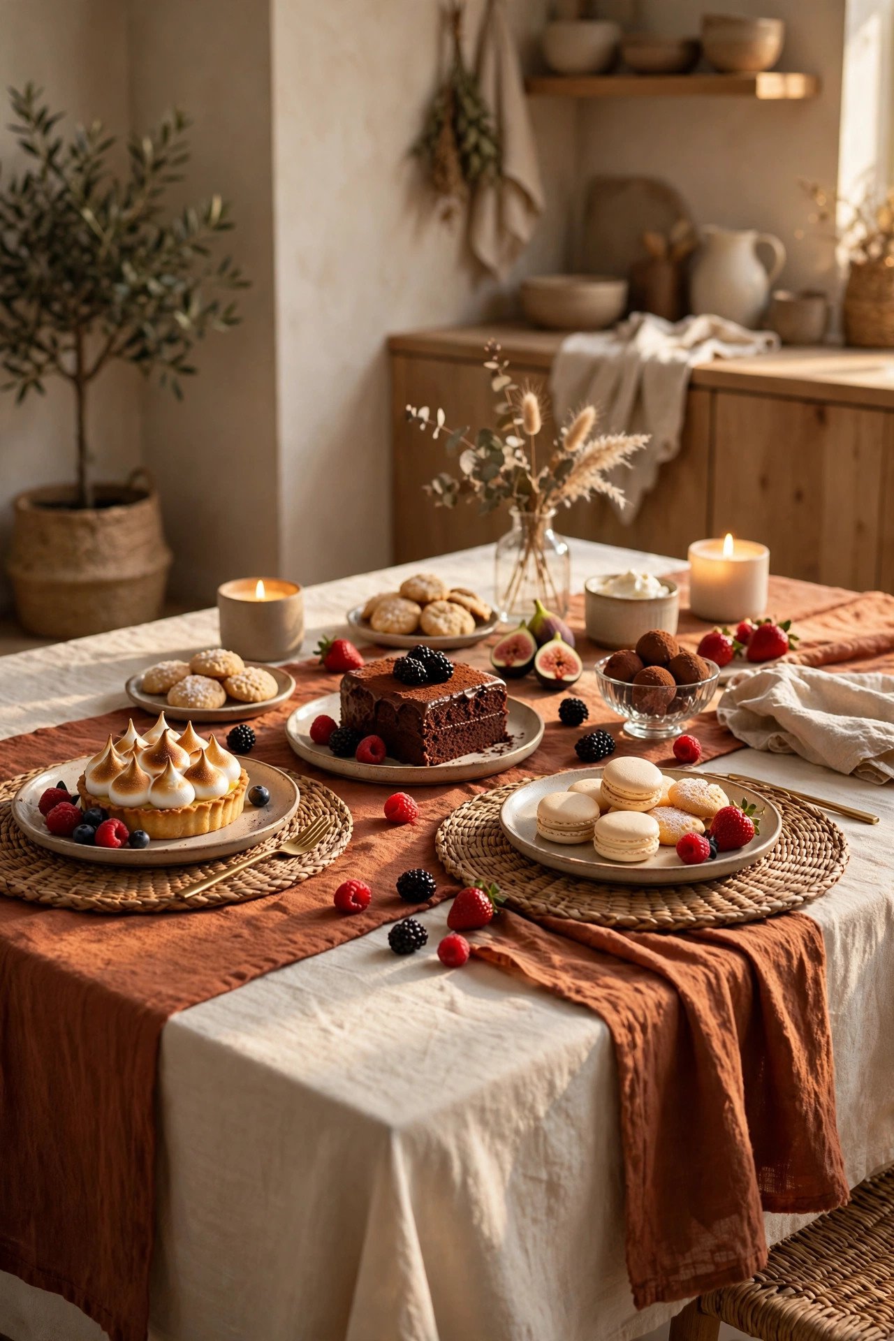 Layer Linens, Runners, and Natural Texture - thanksgiving dessert table decor ideas