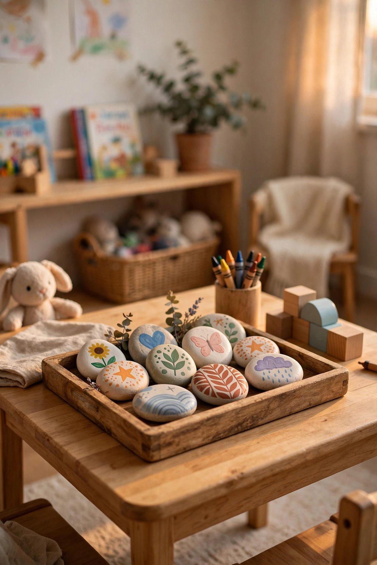 Gratitude Stones Display - thanksgiving kids table decor ideas