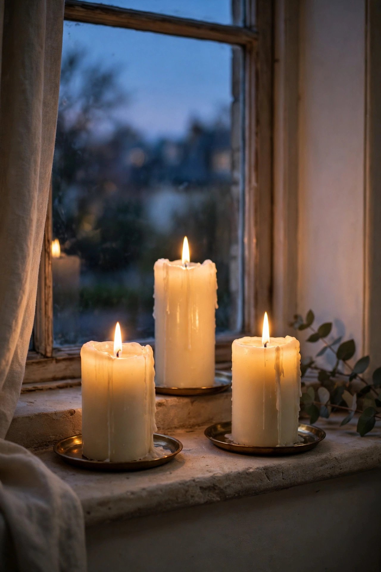 Candlelit Sills with Pillar Candles - thanksgiving window decor ideas
