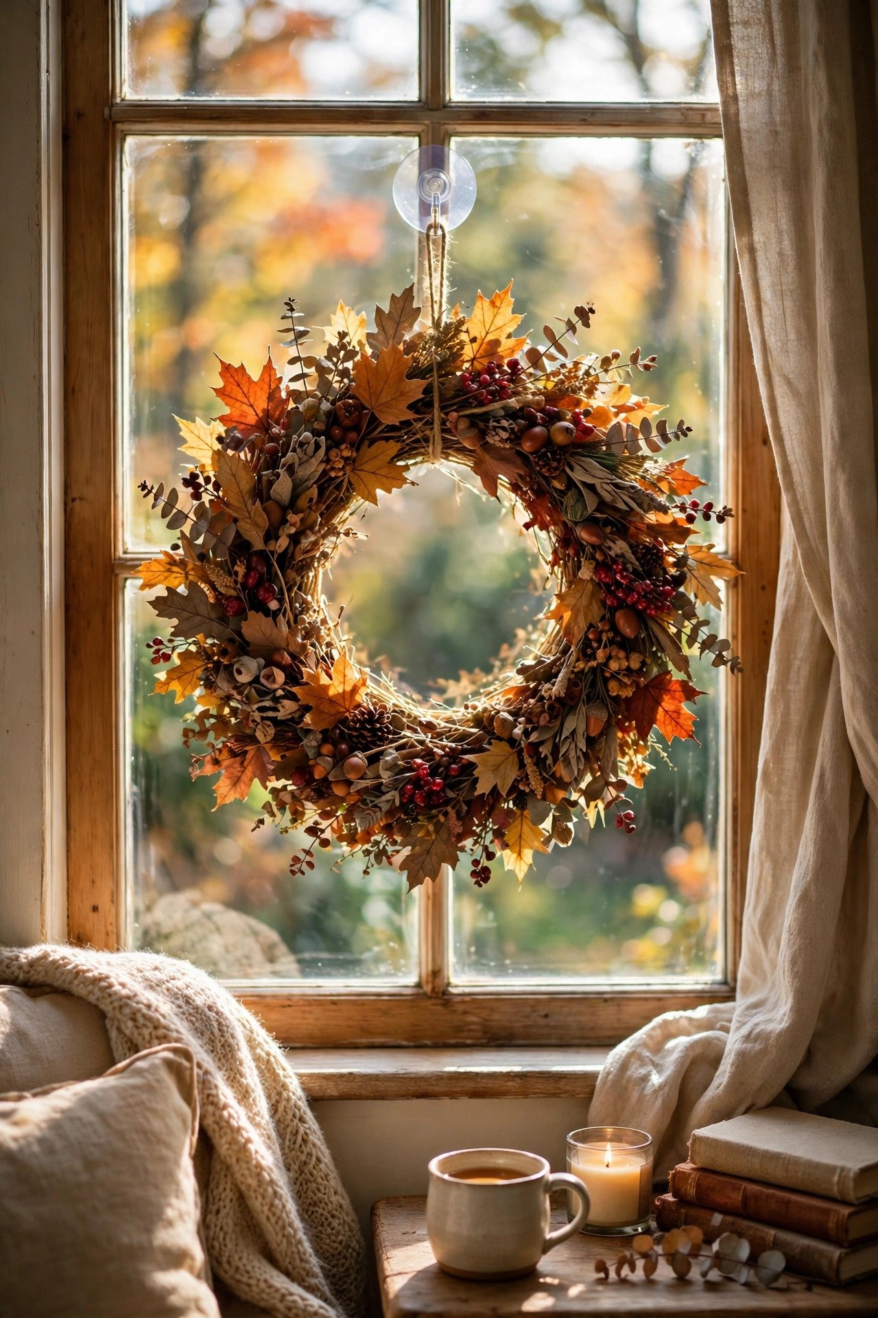 Wreath Hung Inside the Window - thanksgiving window decor ideas