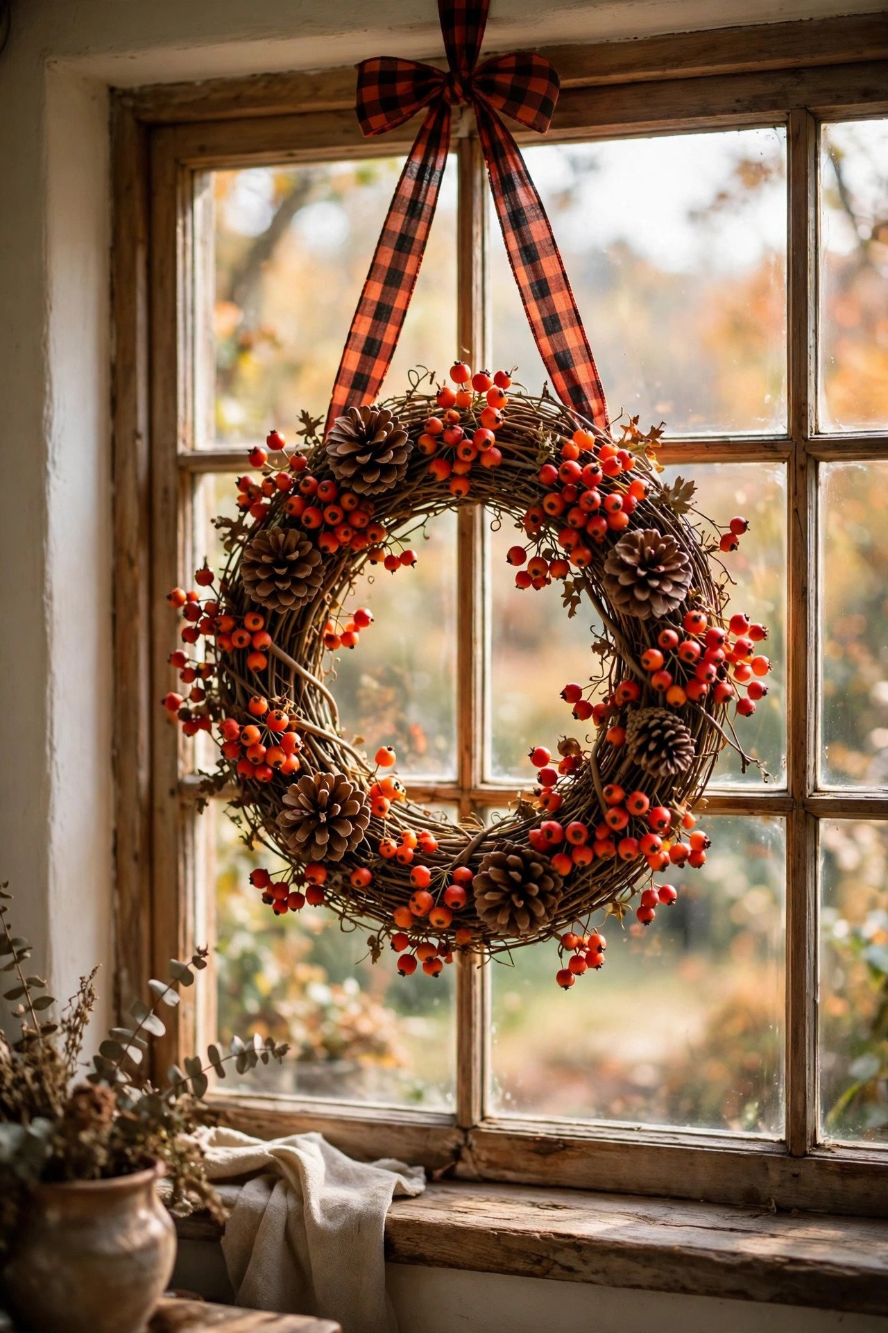 Grapevine Wreath with Autumn Berries - thanksgiving window decor ideas