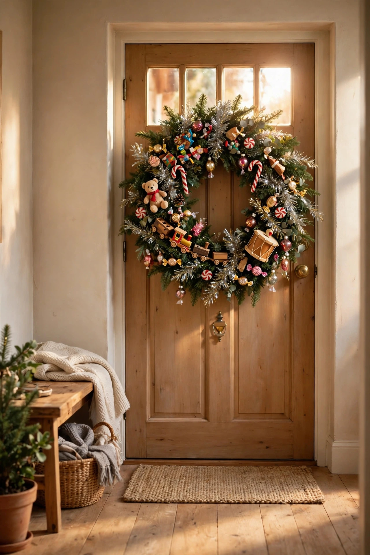 A Whimsical Wreath With Toys and Tinsel - whimsy christmas decor