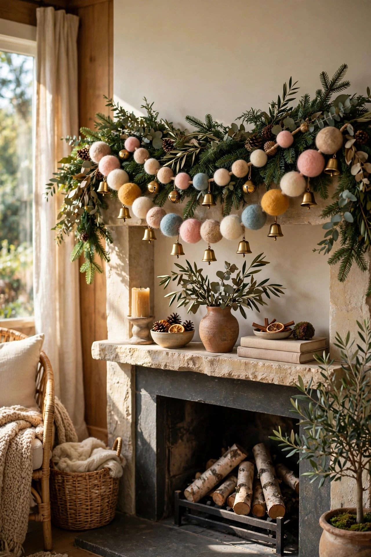 Whimsical Garland With Pom-Poms and Bells - whimsy christmas decor