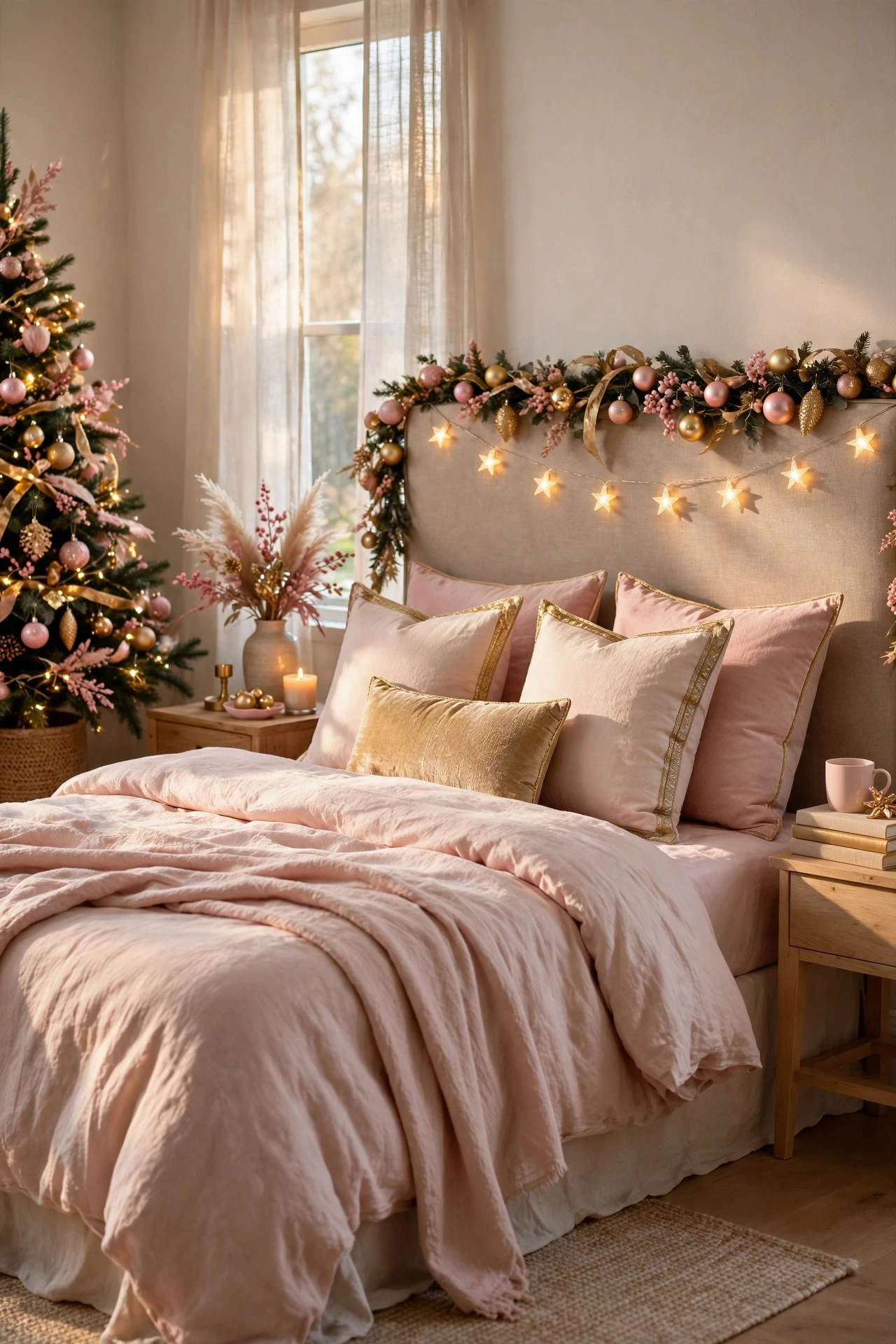 Pink and Gold Whimsy in the Bedroom - whimsy christmas decor